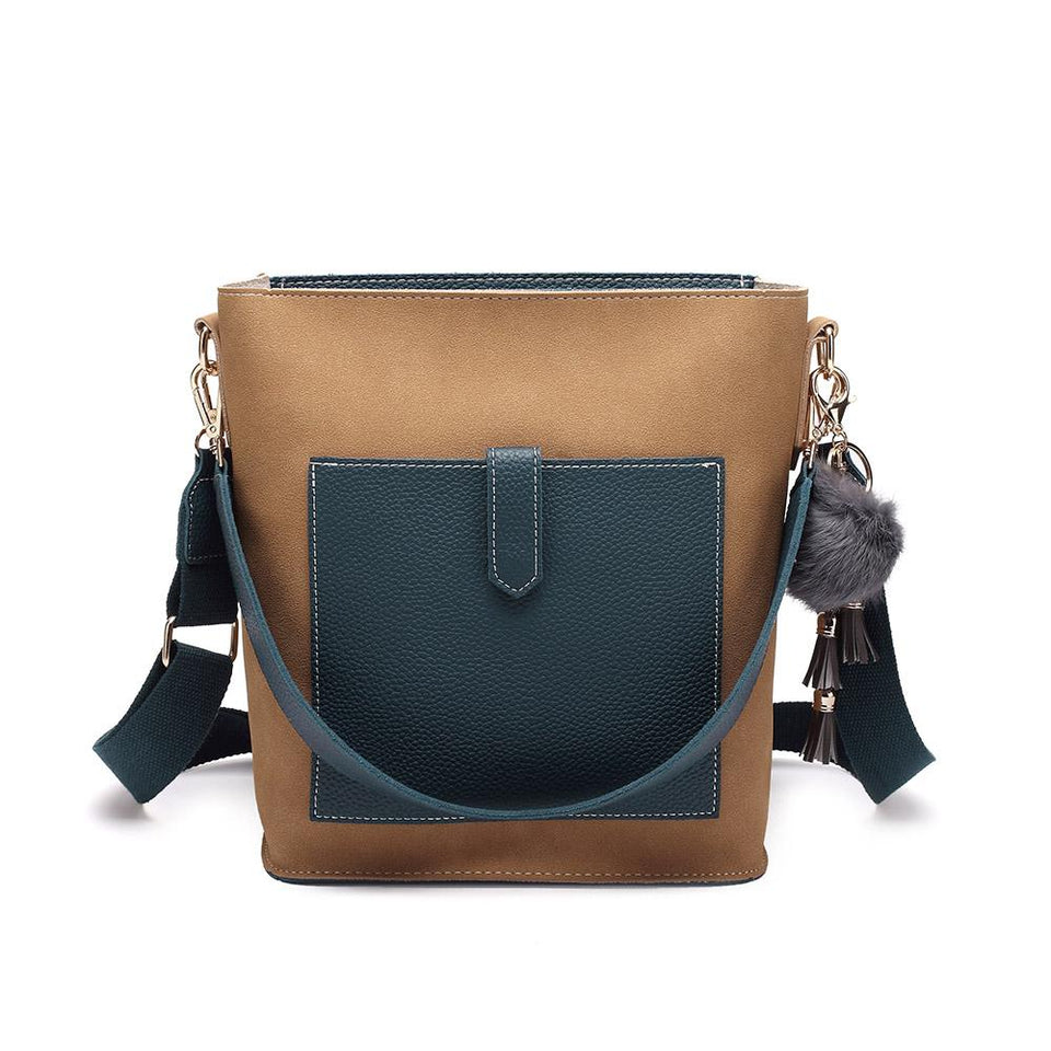 Pompom charm colourblock faux leather 2-in-1 bag in Tan