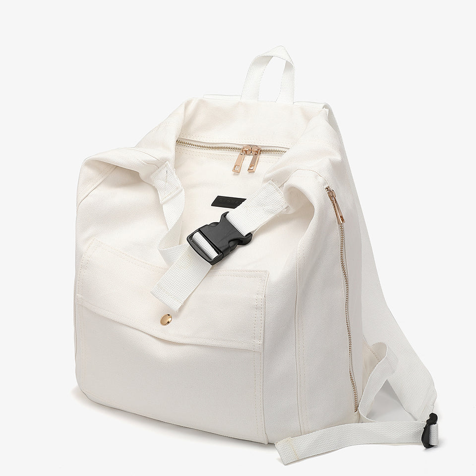 Buckle strap folded corners canvas backpack in white