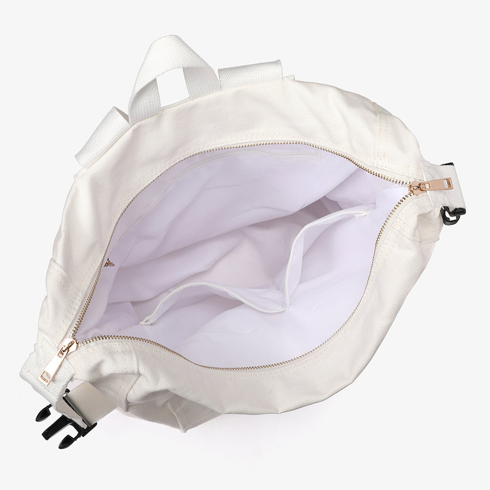 Buckle strap folded corners canvas backpack in white