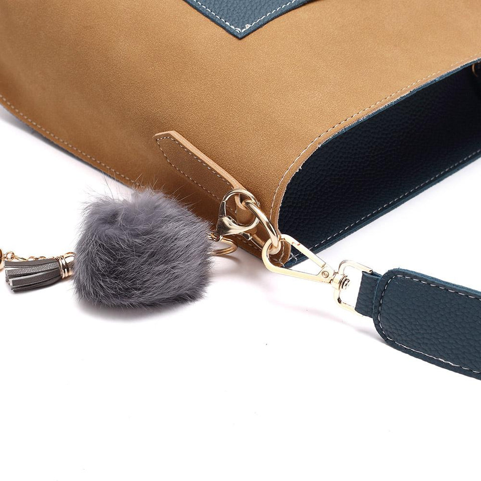 Pompom charm colourblock faux leather 2-in-1 bag in Black