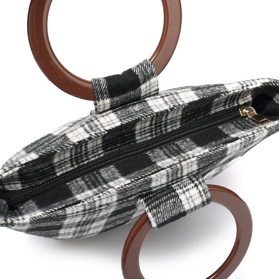 Wood arylic ring handle tartan tote in Grey - 2-way carry