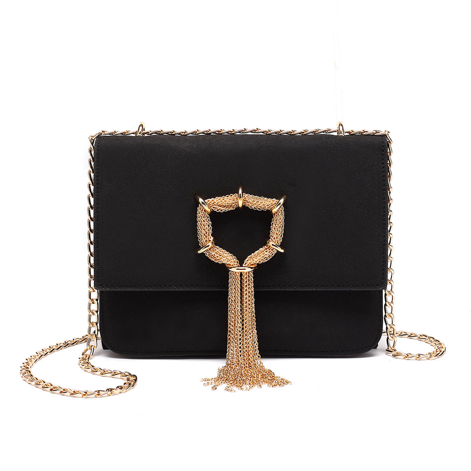 Cable chain fringed faux suede crossbody bag in Black