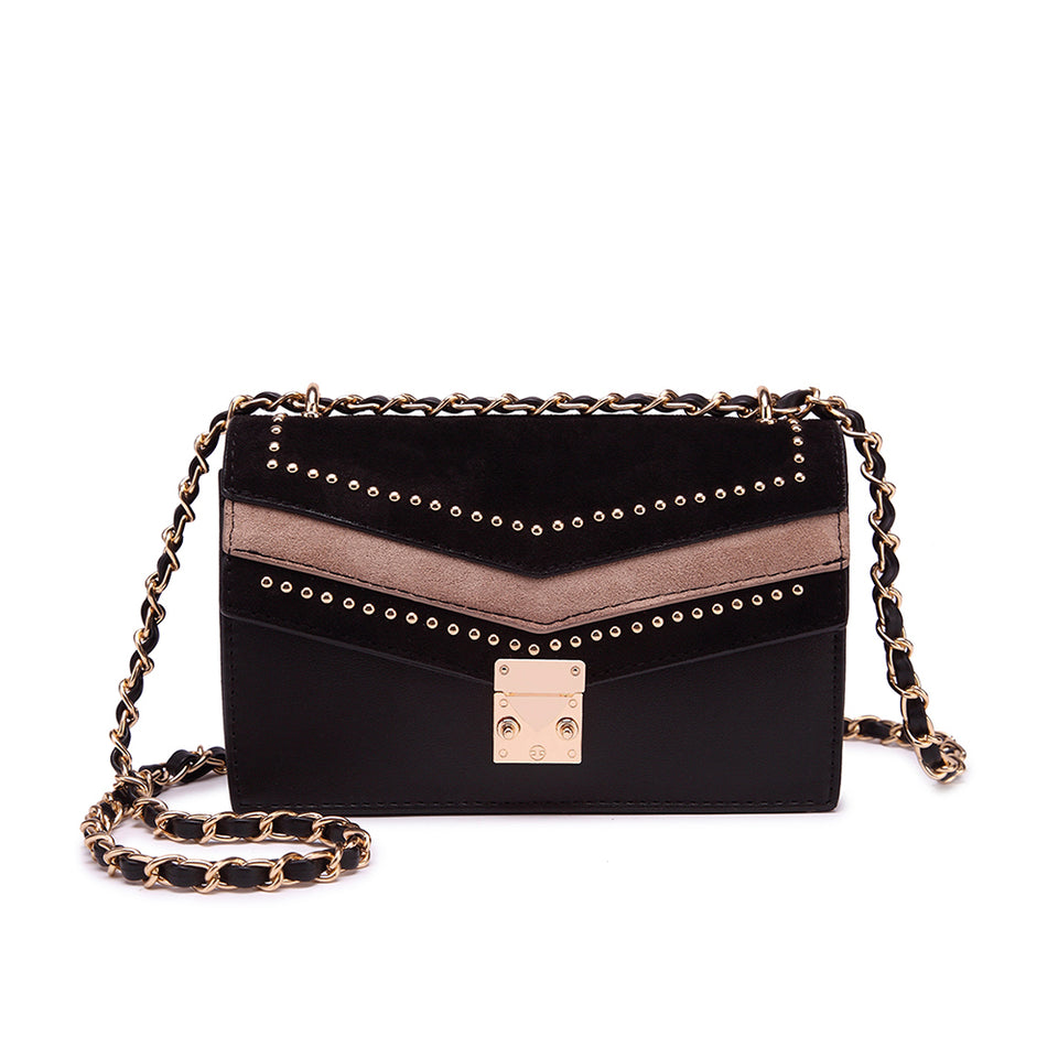 Studded colourblock faux suede crossbody bag in Black