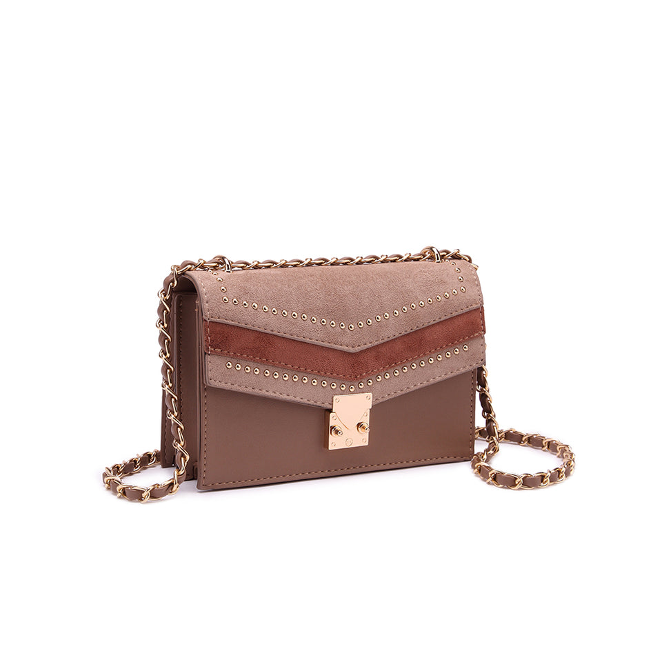 Studded colourblock faux suede crossbody bag in Brown