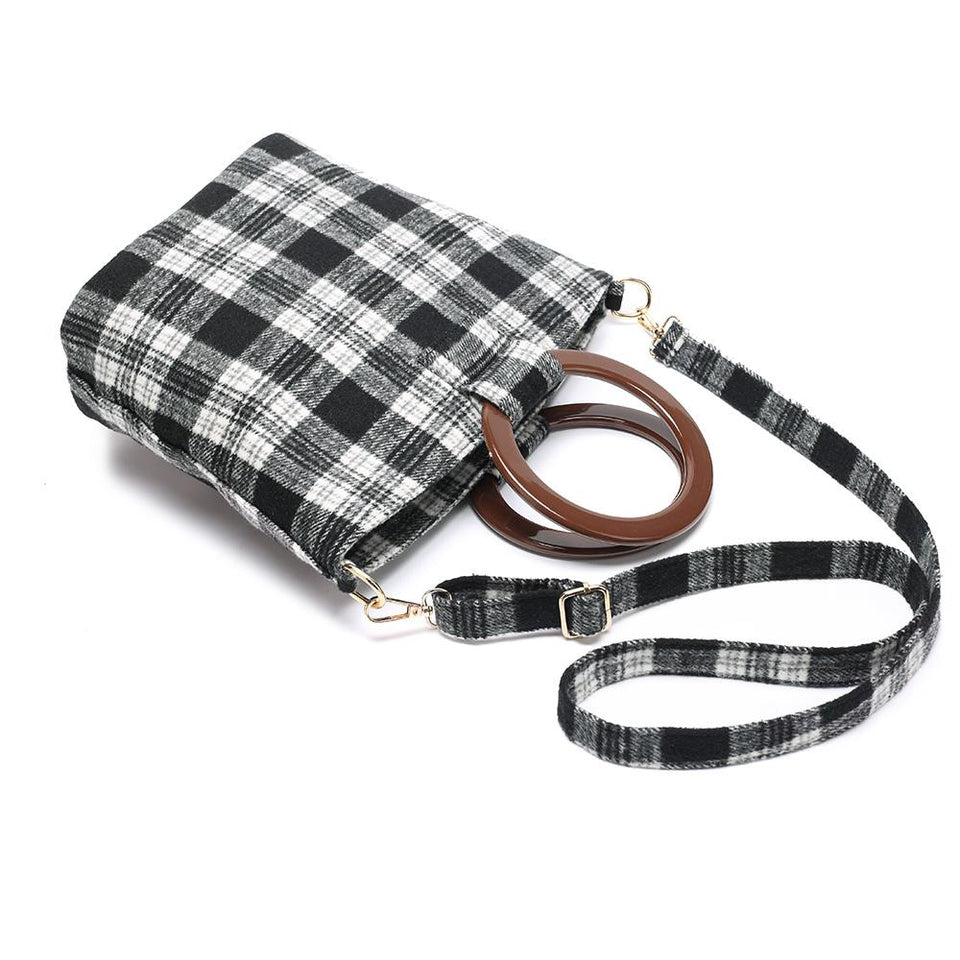 Wood arylic ring handle tartan tote in Black - 2-way carry