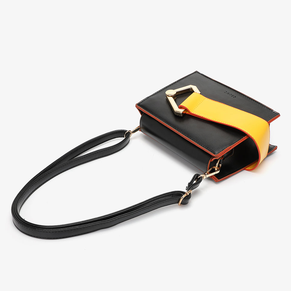 Colourblock handle boxy PU leather bag in black