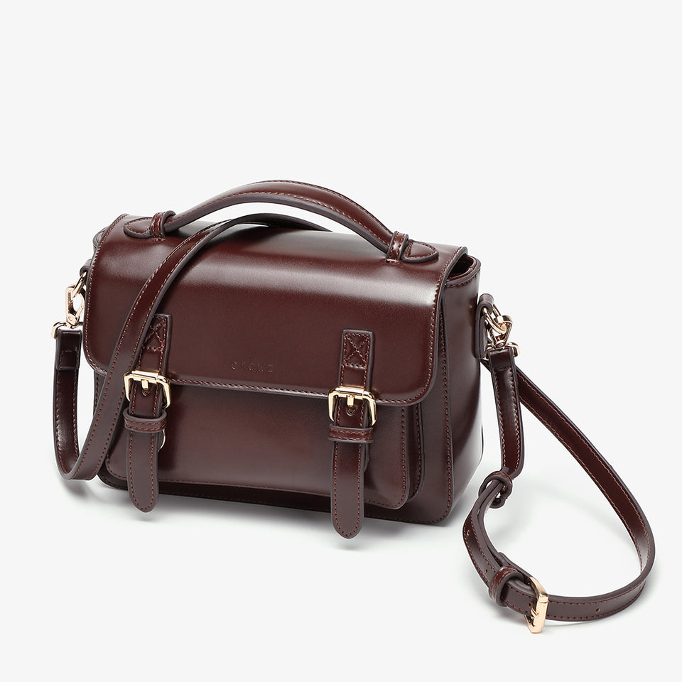 Buckled strap PU leather satchel bag in burgundy